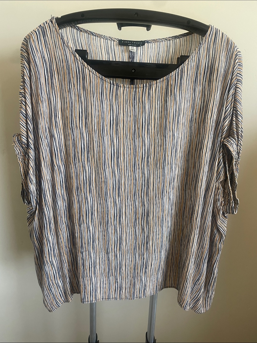 Final Touch Vertical Striped Roll-Tab Blouse - Navy & Cream
